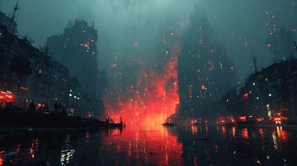 Fototapeta premium Apocalyptic City: A city ravaged by a cataclysmic event, with fire and destruction consuming the urban landscape. It depicts a scene of devastation and the raw power of nature. 