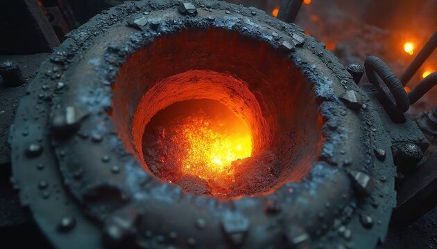 Molten metal glows in industrial furnace interior. Hot liquid iron or steel bubbles and sparks fly from intense heat in factory workshop. Heavy machinery operates in foundry production. - Powered by Adobe