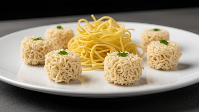 Small pangsit arranged around noodles on a clean matte white plate surface