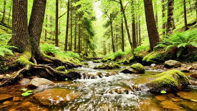 A serene woodland scene depicts a clear stream flowing through lush, green forest