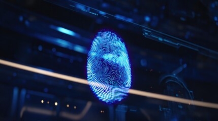 Digital Fingerprint: A luminous blue fingerprint, displayed against a backdrop of advanced technology, embodies concepts of security and identity