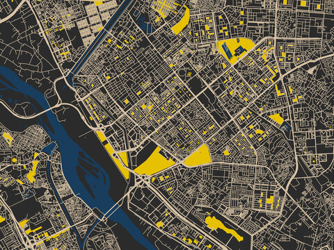 Minimalist map of Noida, India, dark map with yellow accents