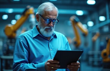 Fototapeta premium Senior engineer uses tablet in modern robotics lab with automated arms. Man oversees advanced machinery production, focusing on tech innovation and industrial progress. Future manufacturing.