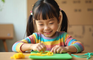 Little Asian girl happily crafts with yarn and needle at table. Young child enjoys creative hobby indoors, developing fine motor skills, learning new craft techniques at home.