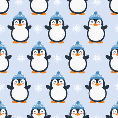 Penguin with beanie hat seamless pattern. Cute animal cartoon. 