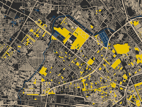 Abstract city map of Rohini, India with noir yellow color palette