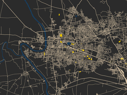 Flat city map of Sangli, India &mdash; graphite black base with warm cream road network, signal-yellow open areas and inky blue waterways