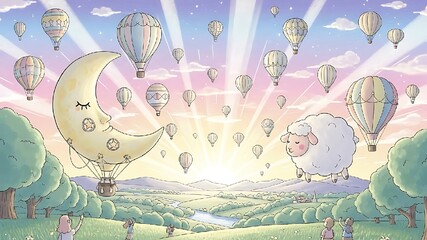 Dreamy sky with hot air balloons and a sheep