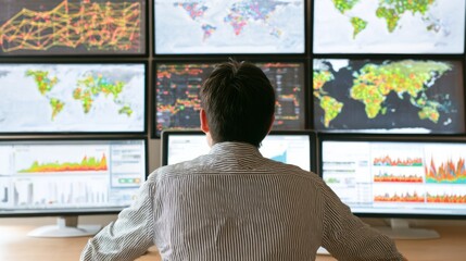 Naklejka premium Cybersecurity professional monitoring threat alerts on computer monitors to identify and mitigate cyber risks impacting business operations.