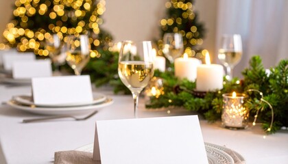 Elegant Christmas Dinner Table Setting with Blank Place Cards, Wine Glasses, and Festive Holiday Decor