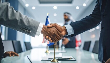Two Businessmen Shaking Hands in a Conference Room with Flags, Symbolizing Partnership and Agreement