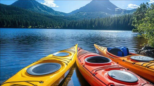 The serene view of a row of colorful canoes resting on a calm lake with mountains in the background. Perfect for adventure enthusiasts or those looking to enjoy nature's beauty.