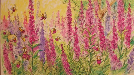 Enchanted Meadow: A whimsical scene unfolds with vibrant, tall flowers and delicate, cartoon-like insects fluttering among them, evoking a sense of fantasy and wonder.