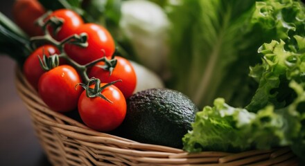 Basket of fresh vegetables with cherry tomatoes avocado and leafy lettuce in wicker