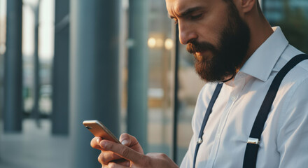 Man checking smartphone outdoors in business attire with focused expression