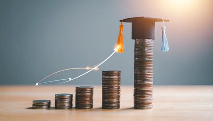 Graduation Cap on Stacks of Coins with Rising Graph, Illustrating Education Savings and Financial Investment