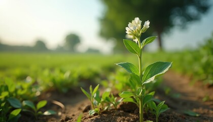 Young plant with white flowers grows in a field at sunrise. Green leaves and stems show botanical detail. Other small plants and crops surround it. Blurred background features trees and sky.