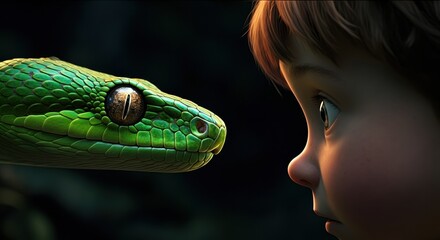 Fototapeta premium Child faces a vivid green snake in a tense close encounter under soft light