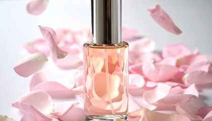 Perfume bottle with pink rose petals falling and scattered on a white surface, evoking a fresh and floral fragrance.