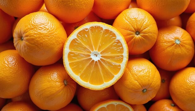 Whole and sliced fresh oranges pile up, creating vibrant texture. Juicy citrus segments with white pith are visible. Healthy, ripe fruits offer natural sweetness and nutrition for your diet. - Powered by Adobe