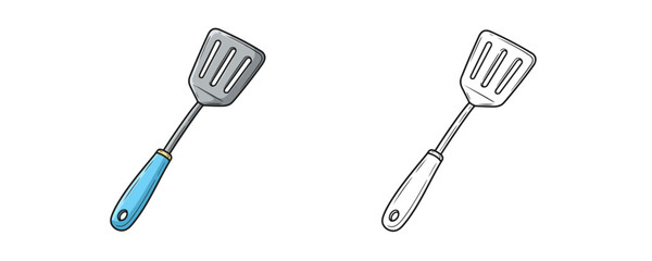 Cartoon illustration of a slotted metal spatula with a blue plastic handle for flipping and serving food, ideal for cooking and kitchen themes © Dzianis