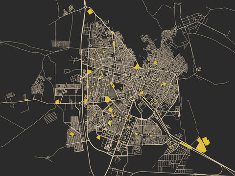 Decorative abstract map of Zahedan, Iran, featuring dark noir-style city field with soft cream lines and strong yellow points of interest against deep blue water