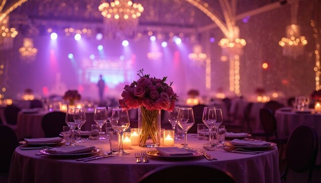 Elegant table setting with floral centerpiece and lit candles awaits guests at a formal indoor event. Soft purple and pink lighting with bokeh effects creates a romantic atmosphere for celebration.
