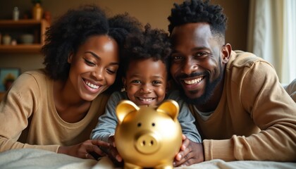 Black family smiles holding golden piggybank. Parents teach young son about saving money, financial planning for future wealth at home. Kid learns economy.