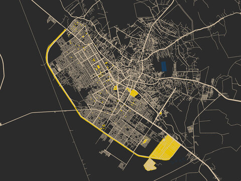 Minimalist map of Karbala, Iraq, charcoal base with cream streets