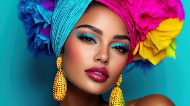 Vibrant Beauty: A stunning woman models an elaborate turban, showcasing a kaleidoscope of vivid colors against a teal background, perfect for a fashion or beauty campaign.