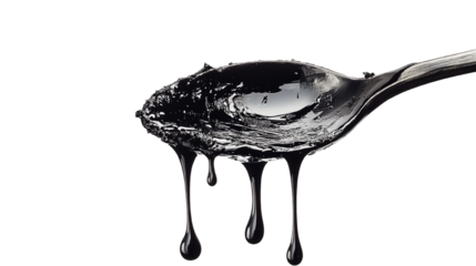 Dark liquid dripping from a silver spoon against a stark black background, studio shot
