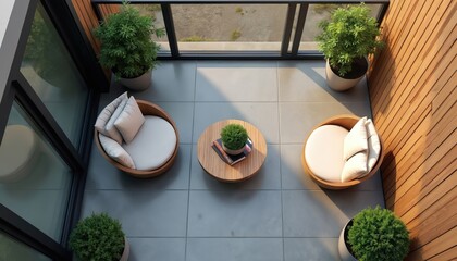 Fototapeta premium Modern balcony with two rounded chairs, small table, and potted plants. Sunlight casts shadows on grey floor tiles and wooden walls. Peaceful outdoor seating.
