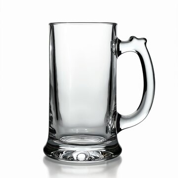 Clear glass beer mug with handle stands empty on white background. Ready for cold beverage refreshment, pub drink, or Oktoberfest celebration fun.