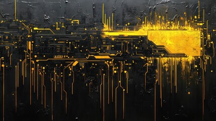 Abstract digital art with a gold light display resembling a circuit board