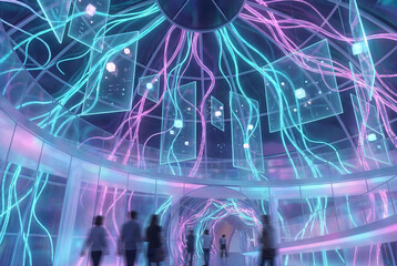 Abstract background of organic neural mesh patterns intertwining with digital light filaments, visualizing immersive dimensional intelligence and calm, futuristic technology