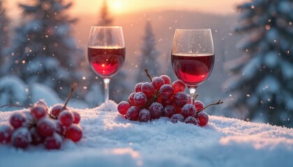 Two glasses with red wine sit on a snowy surface among frosty grapes. Winter forest landscape with soft sunset light and falling snow creates a warm, inviting scene.