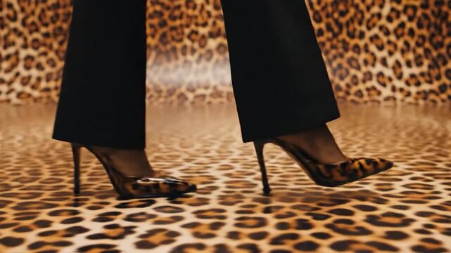 Stylish leopard print heels walking on pattern background
