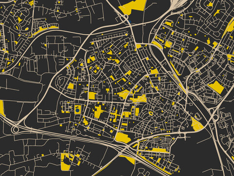 Flat city map of Ramla, Israel &mdash; near-black map field with ivory road grid, bright yellow blocks and dark blue rivers and harbors