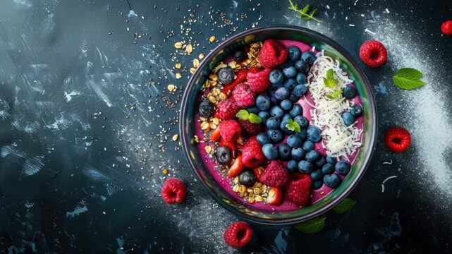 A vibrant and healthy berry bowl with a variety of berries, granola, and yogurt, ready to be enjoyed.