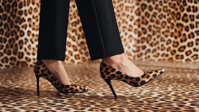 Fashionable high heel shoes with leopard print pattern on matching background