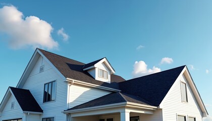 Modern white house exterior with dark roof under blue sky. Features siding windows and dormers. Offers clean lines and spacious design for suburban living. Ideal for real estate.