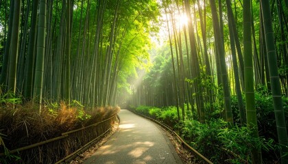 Fototapeta premium A winding path through a vibrant bamboo forest with sun rays filtering through the tall green stalks, creating a serene and mystical atmosphere.