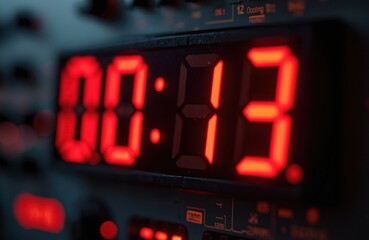 Red digital numbers show time 00 13 on electronic device. Close-up view of modern LED display, countdown timer. Dark background with glowing digits, technological detail.