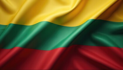 Obraz premium National flag of Lithuania waves gently in the wind. The yellow green and red horizontal stripes create a vibrant patriotic emblem. Symbol of countrys identity and pride.