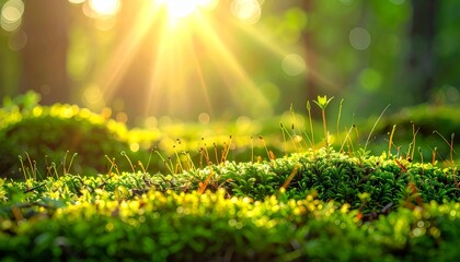 Obraz premium Close-up view of vibrant green moss and tiny plants on the forest floor bathed in warm sunlight.