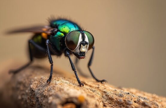 Macro photo shows a black soldier fly with iridescent green blue thorax and large compound eyes. Insect has thin black legs and rests on textured brown surface. Small bug detail. - Powered by Adobe