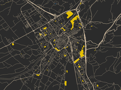 Abstract city map of Foligno, Italy with dark map with yellow accents