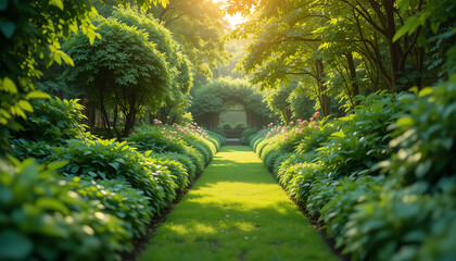 Lush green garden pathway with soft blur edges and warm light glow.