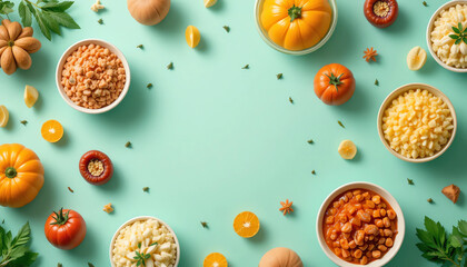 Mint green soft background with floating food ingredients, modern minimal food layout