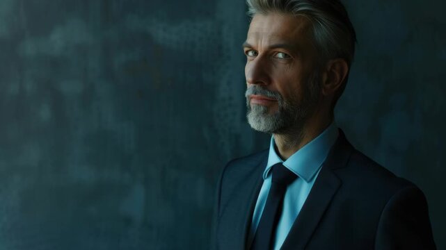 A man with salt and pepper hair and a beard wearing a dark blue suit and white shirt. He stands against a blurred background, looking to the side with a serious expression.